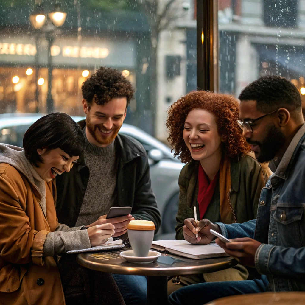 In a bustling urban coffee shop, a group of four friends gathers around a small table. A young woman with short black hair is laughing, holding a latte; a tall man with glasses is animatedly telling a story; another woman with curly red hair is listening intently while sketching in a notebook; and a fourth, a man with a beard, is checking his smartphone. The scene is cozy, with a rainy window in the background